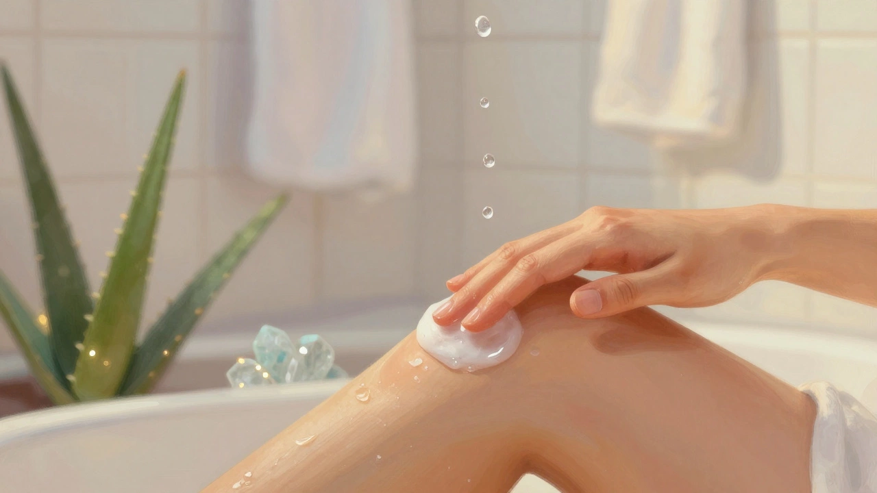 Hand applying water-based lube with floating droplets and botanical elements.
